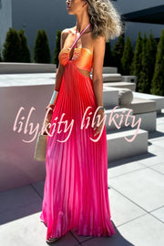 Get Ready Beautiful Gradient Print Cutout Halterneck Pleated Maxi Dress