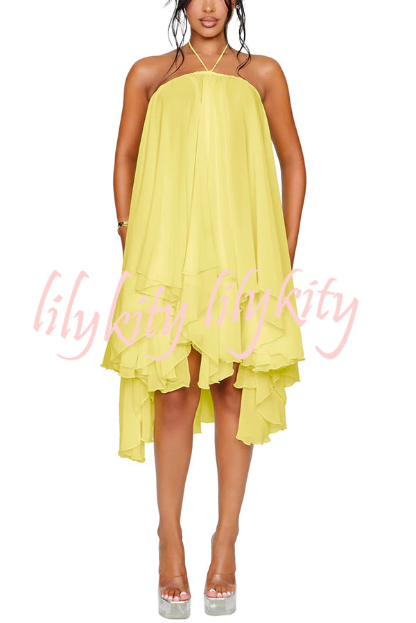 Chiffon Solid Color Halter Backless Irregular Mini Dress
