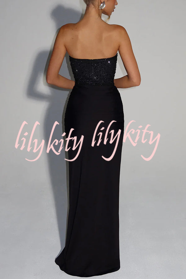 Carina Sequined and Satin Jersey Off Shoulder Ruched Knot Drape Maxi Dress
