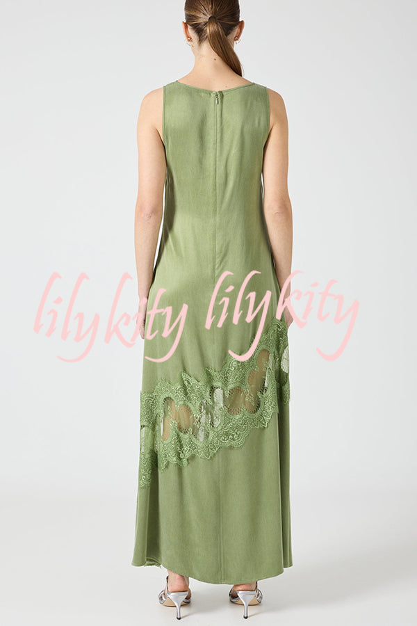 Pretty Soul Satin Lace Trim Wide Neck Irregular Hem Slit Maxi Dress