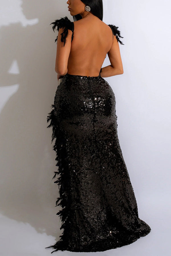Sexy Feather Sequin Backless Fit Asymmetrical Maxi Dress