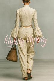 Linen-blend Long-sleeved Button-down Top and Relaxed-pocket Wide-leg Pants Set