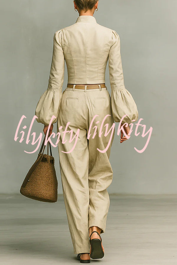 Linen-blend Long-sleeved Button-down Top and Relaxed-pocket Wide-leg Pants Set