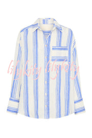 Stripe Print Lapel Long-sleeved Casual Shirt and Elastic Waist Loose Shorts Set