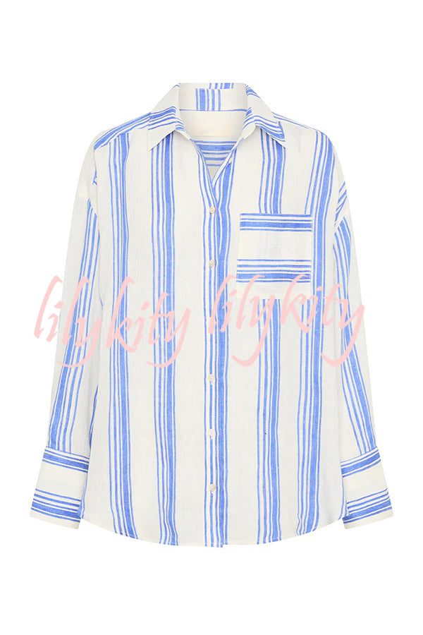 Stripe Print Lapel Long-sleeved Casual Shirt and Elastic Waist Loose Shorts Set