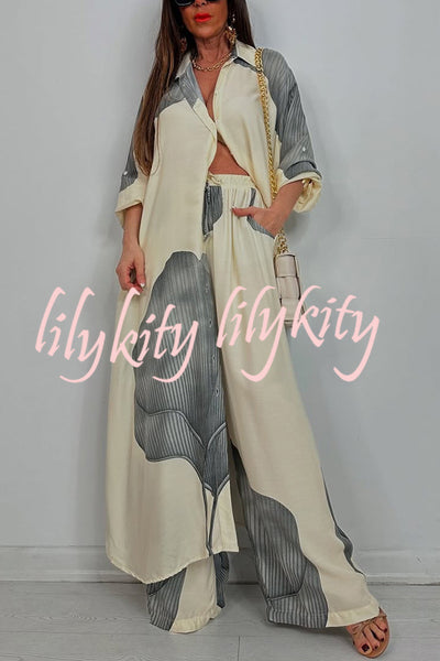 Unique Printed Casual Loose Long Shirt and Elastic Waist Pocket Wide Leg Pants Set