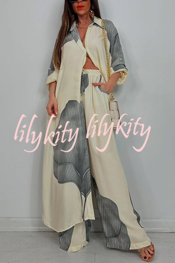 Unique Printed Casual Loose Long Shirt and Elastic Waist Pocket Wide Leg Pants Set