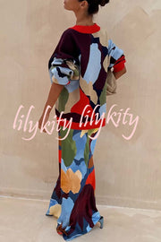 Bright and Bold Satin Abstract Color Blocks Print Elastic Waist Drape Maxi Skirt