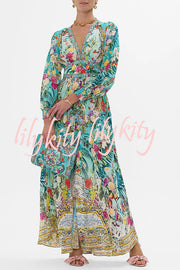 Fairy Tale Print V-Neck Lantern Sleeve Waist Maxi Dress