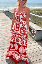 Beautiful Shell Unique Print Front Lace-up Loose  Maxi Dress