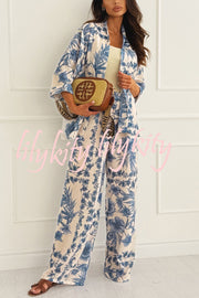 Linen Blend Botanical Print Loose-fitting Top and Elastic Waist Wide-leg Casual Pants Set