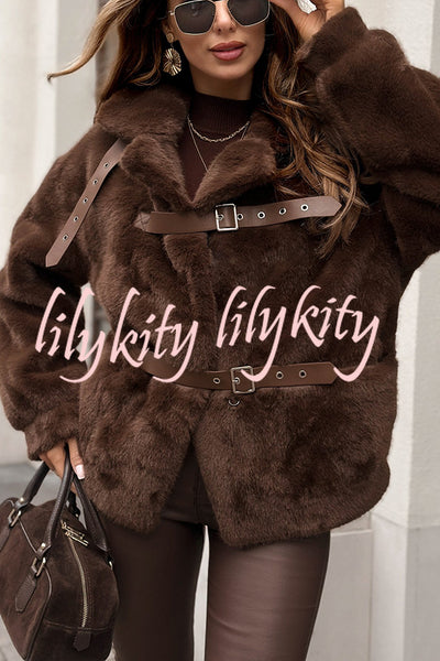 Chill Whispers Belt Buckle Design Long Sleeve Pocket Lapel Plush Coat