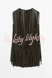 Modern Times Faux Leather Layered Tassel Design Sleeveless H-line Mini Dress