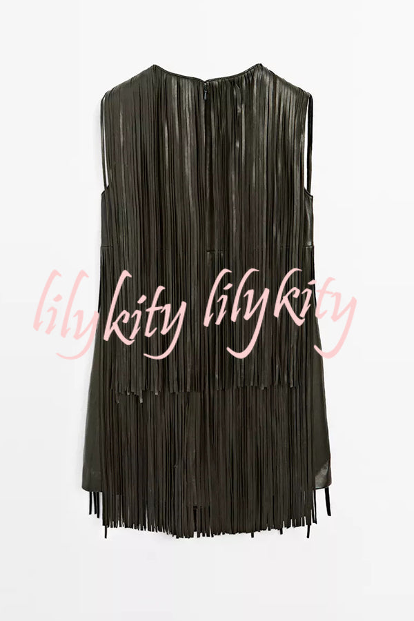Modern Times Faux Leather Layered Tassel Design Sleeveless H-line Mini Dress