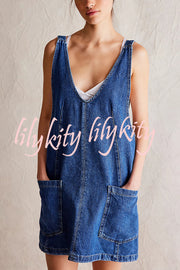 Solid Color Sleeveless V-neck Pocket Adjustable Denim Suspender Mini Dress