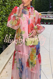 Garden Blooms Organza Floral Print Tie-up Neck Balloon Sleeve Loose Maxi Dress