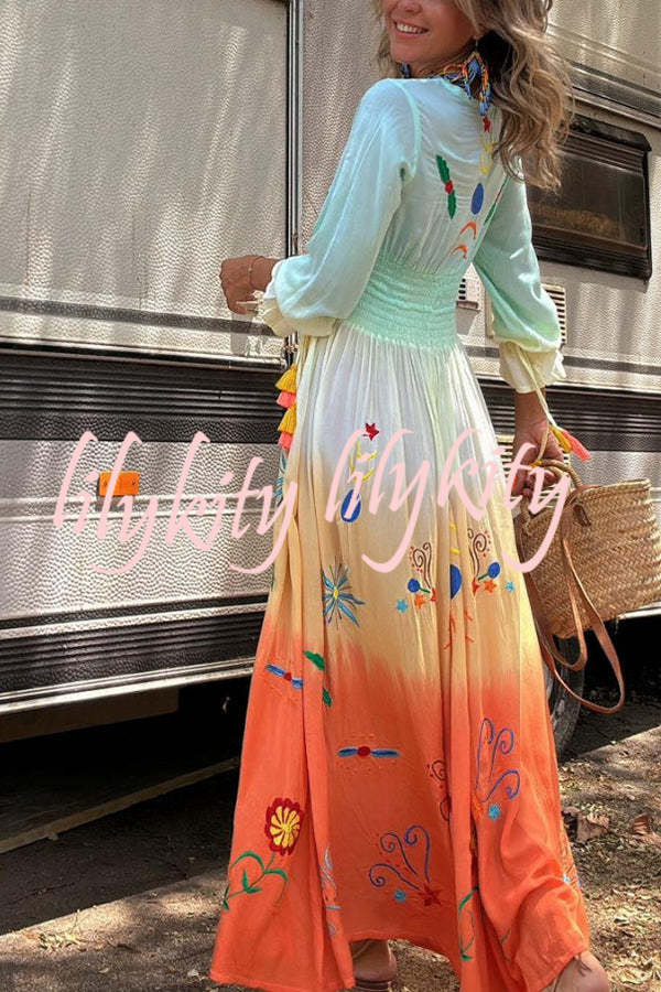 Gigi Unique Pattern Gradient Print Smocked Elastic Waist Fringed Maxi Dress