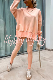 Solid Color Loose Long Sleeve SlitSweatshirt and Elastic Waist Tight Pants Set