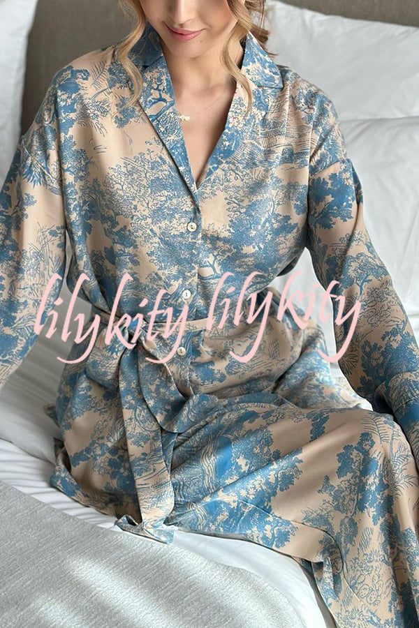 Unique Print Long-sleeved Tie Shirt and Elastic High-waist Wide-leg Pants Set