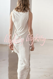 Sculptural Effect Linen Blend Twisted Shoulder Strap Drape Maxi Dress