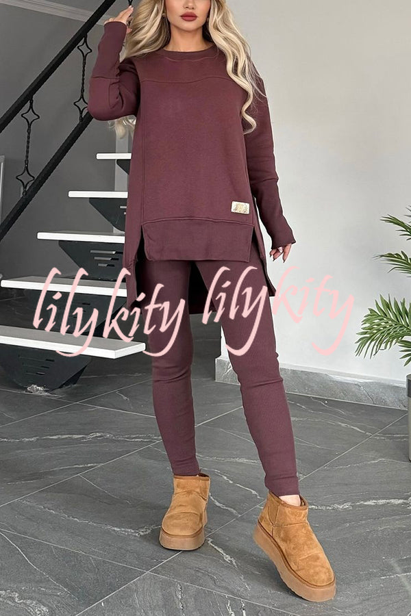 Solid Color Crew Neck Long Sleeve Top and Casual Stretch Pants Set