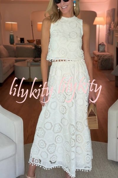 Nice Try Embroidered Crochet Lace Tassle Trim Elastic Waist Midi Skirt