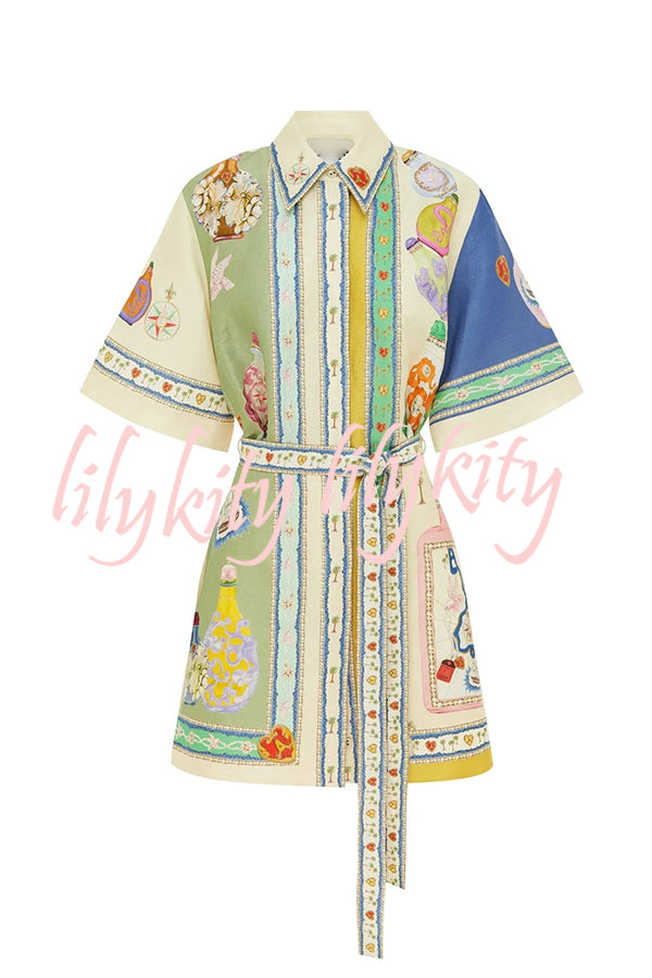 Deva Linen Blend Unique Print Bell Sleeve Belted Pocket Shirt Mini Dress