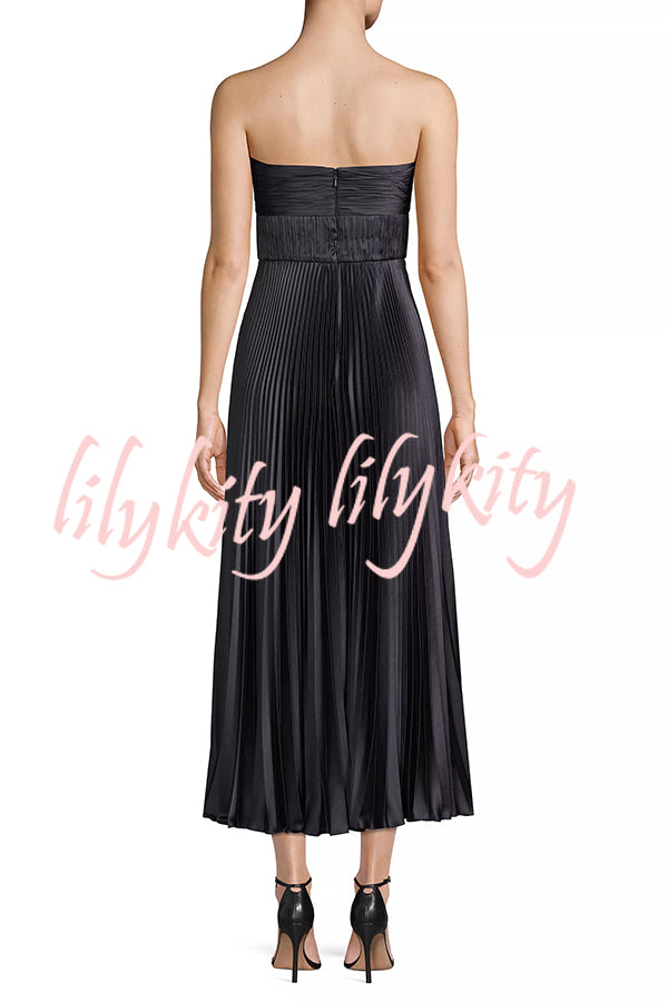 Love Note Satin Sweetheart Twist Off Shoulder Pleated Maxi Dress