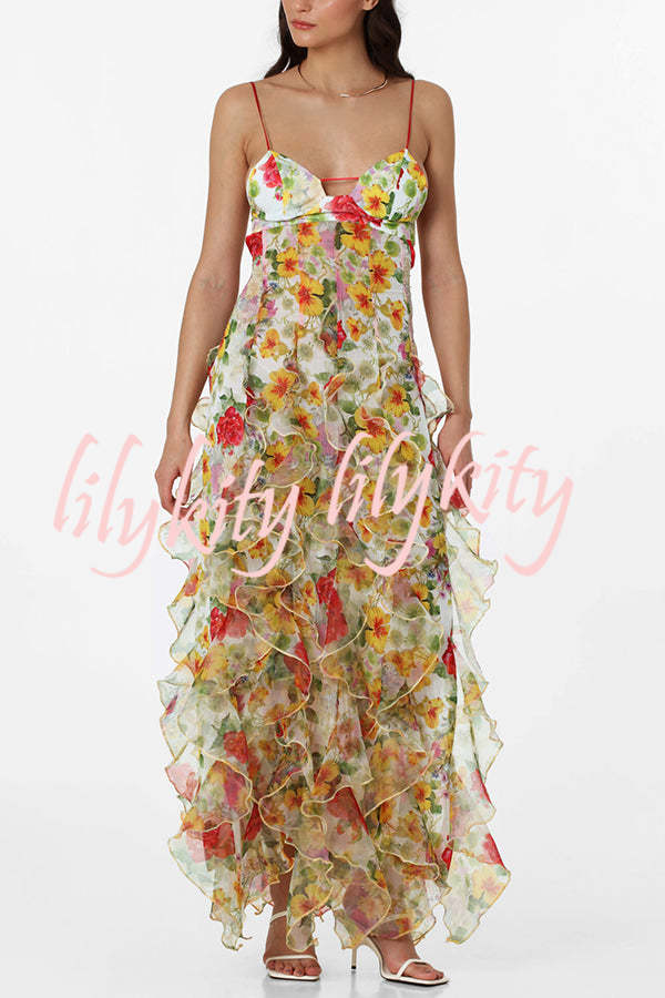 Sunrise Goddess Chiffon Roses Print Ruffles Tiered Trim Maxi Dress