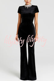 Lucia Luxurious Velvet Jewel-encrusted Turtleneck Short Sleeve Flare Stretch Jumpsuit
