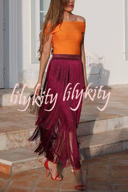 Elegant Tassel Hem Elastic Waist Casual Maxi Skirt