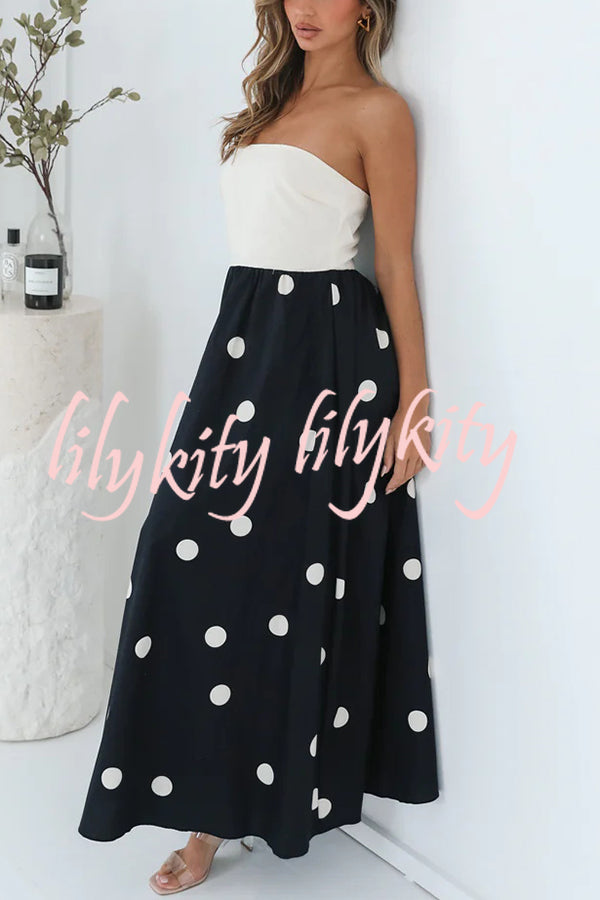 Fashion Polka Dot Print Tube Top Spliced Maxi Dress