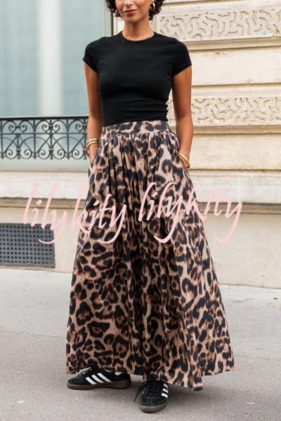 Leopard Print Pocket Pleated Hem Maxi Skirt