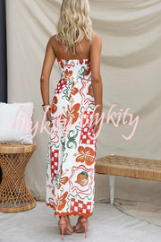 Cypress Unique Print Ric Rac Trim Back Smocked Strapless Maxi Dress