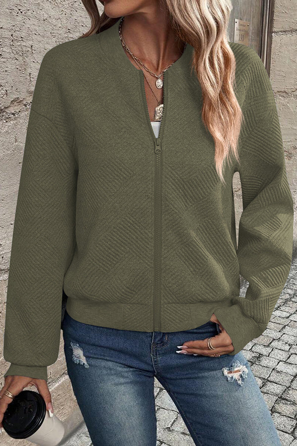 Solid Color Zippered Round Neck Long Sleeve Casual Jacket