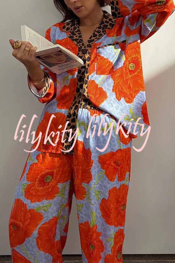 Color-block Poppy Leopard Print Trim Loose Shirt and Elastic Waist Pocketed Pajama Set