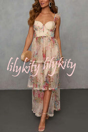 Romantic and Elegant Mesh Floral Back Smocked Tiered Ruffle Maxi Dress