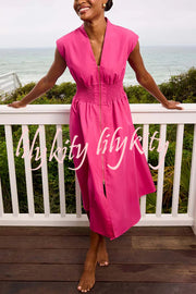 Workdays or Weekends Front Zipper Smocked Waist Pocket Loose Midi Dress