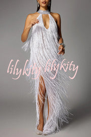 Glimmer Hour Shiny Layered Tassels Halter Cutout Neck Split Maxi Dress