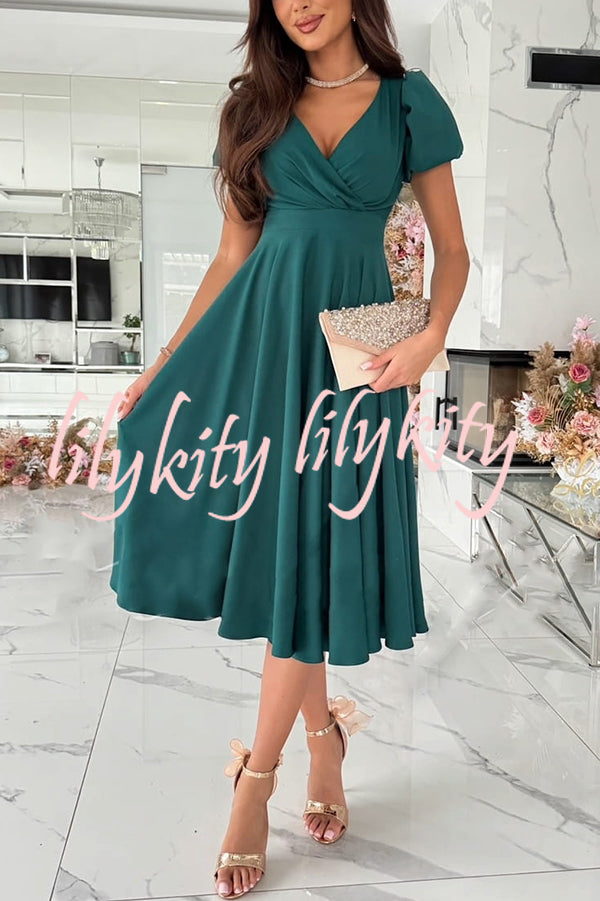 Zayla Solid Color Puff Sleeve V-neck Waist Slim Fit Midi Dress