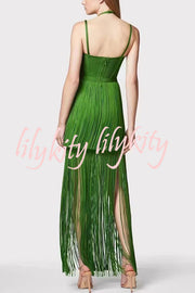 Sexy Halterneck Open Back Elegant Tassel Slim Maxi Dress