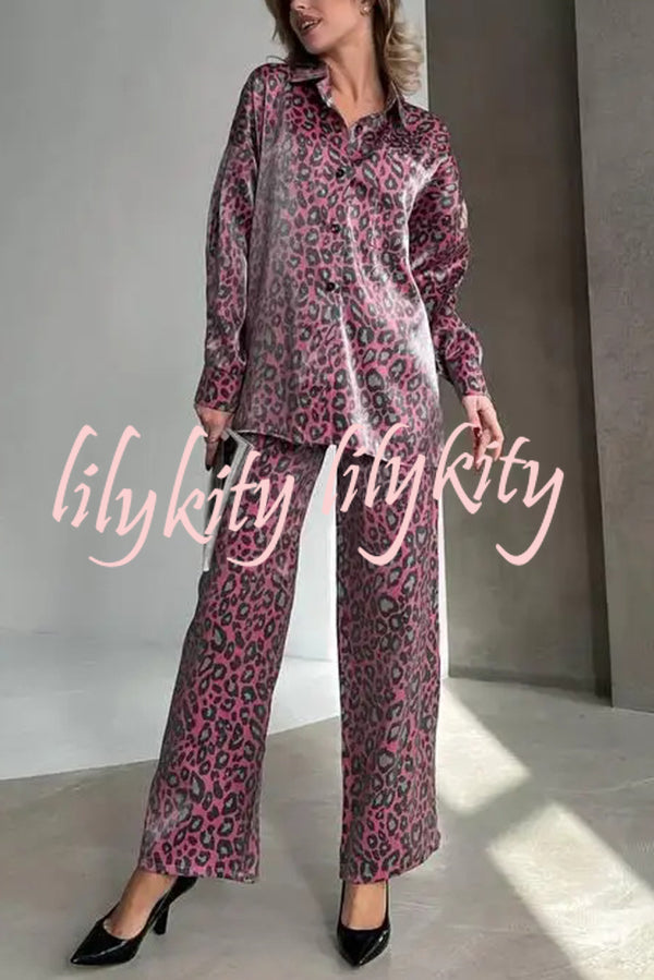 Leopard Print Long-sleeved Casual Top and Loose Elastic Waist Tie Pants Set