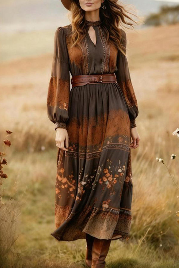 Fashionable Hollowed-out Round Neck Long Sleeve Fitted Waist Midi Dress