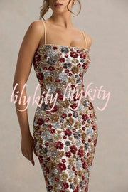 The Center of Attention Floral Print Sequin Square Neck Slip Stretch Maxi Dress