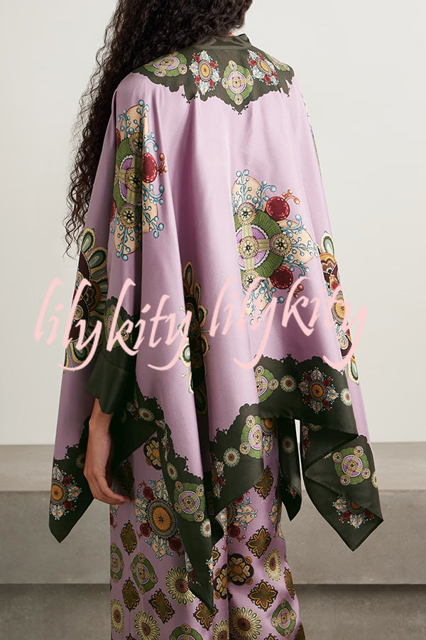 Satin Unique Print Loose Batwing Sleeve Top and Elastic Waist Pocket Casual Wide-leg Pants Set