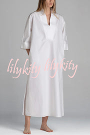 Solid Color V-neck Half-sleeve Loose Slit Midi Dress