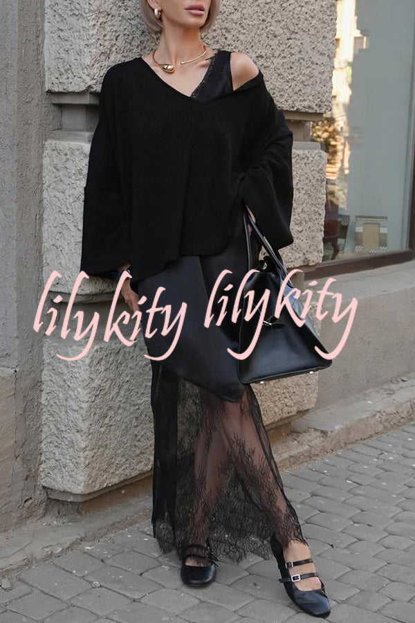 Warm Winter Ribbed Knit V-neck Batwing Sleeve Loose Relaxed Sweater