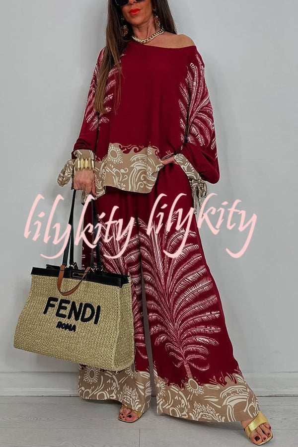 Unique Print Loose Drawstring Long Sleeve Top and Elastic Waist Casual Pocket Wide Leg Pants Set