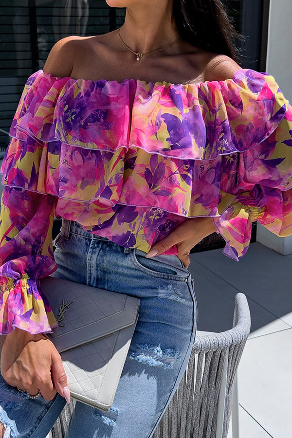 Colorful Botanical Print Sexy Off-shoulder Ruffle Top