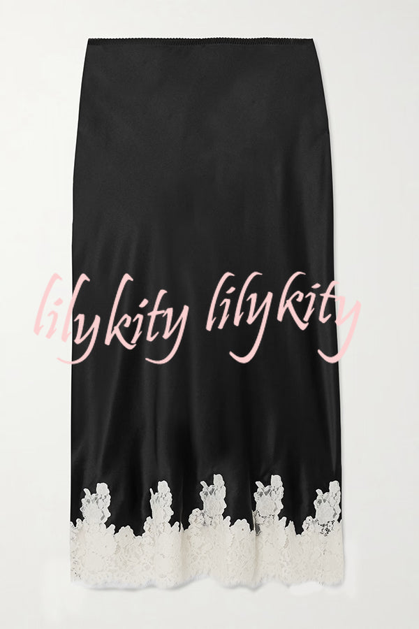 Celebration Look Contrast Color Satin Lace Trim Elastic Waist Drape Midi Skirt